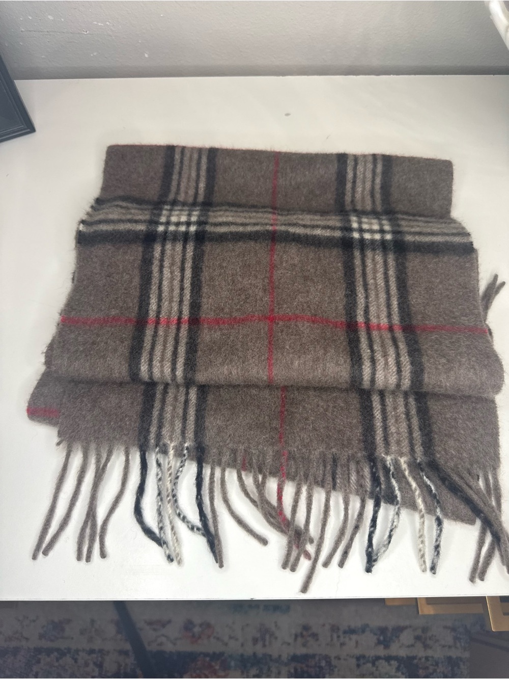 Alexander Julian 100% Cashmere Plaid Scarf Brown Nova Check Fringe 60” luxury
